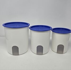 VINTAGE TUPPERWARE ONE TOUCH 3 CANISTER SET REMINDER WINDOW WHITE BLUE STORAGE